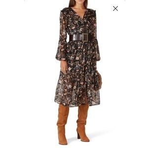 MINKPINK Shiloh Floral Midi Dress Sheer Long Sleeve V Neck Tiered Party